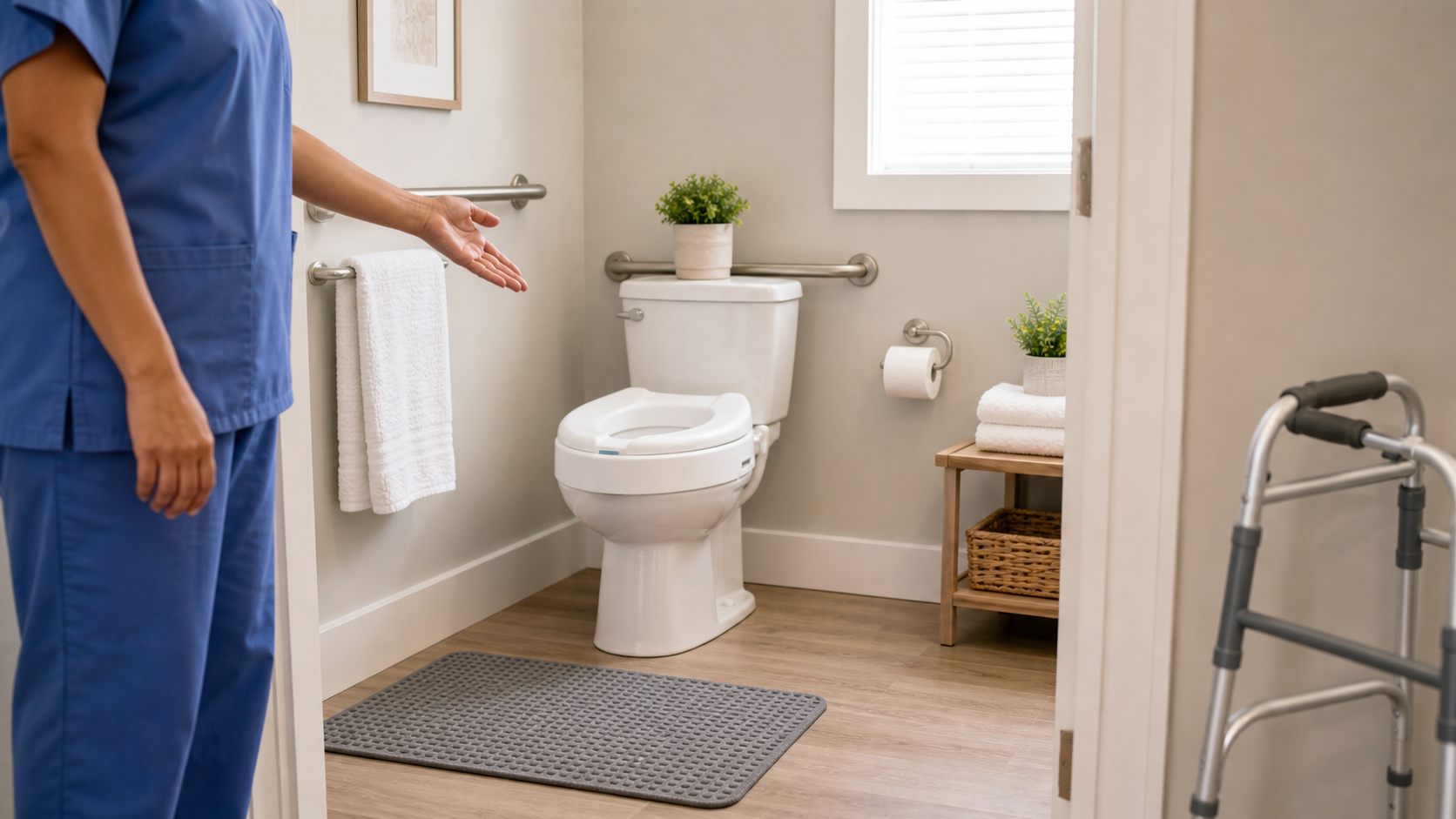 Accessible bathroom prepared for safe toileting support