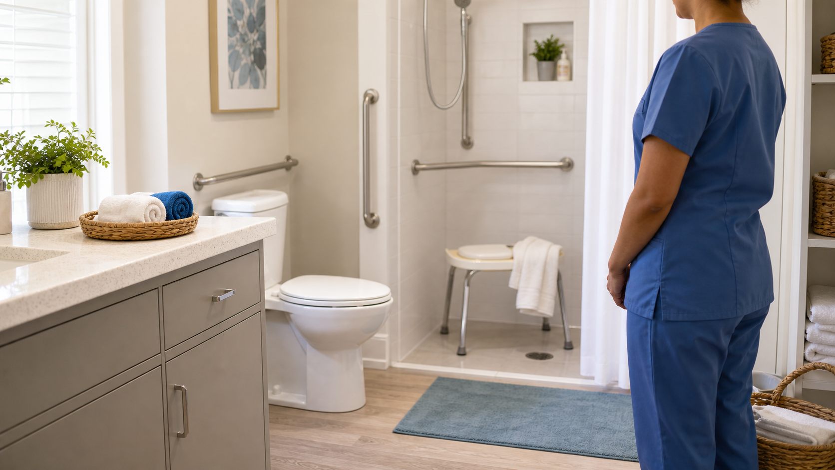 Accessible bathroom prepared for safe bathing assistance