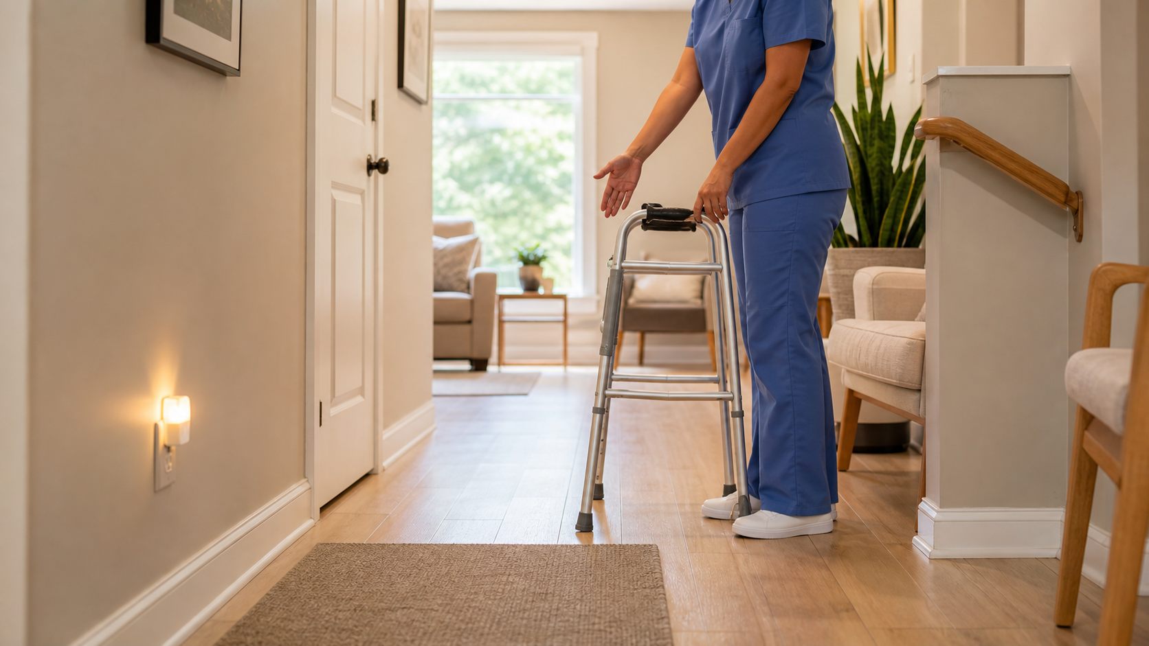 Fall prevention and safety supervision in a clear home hallway
