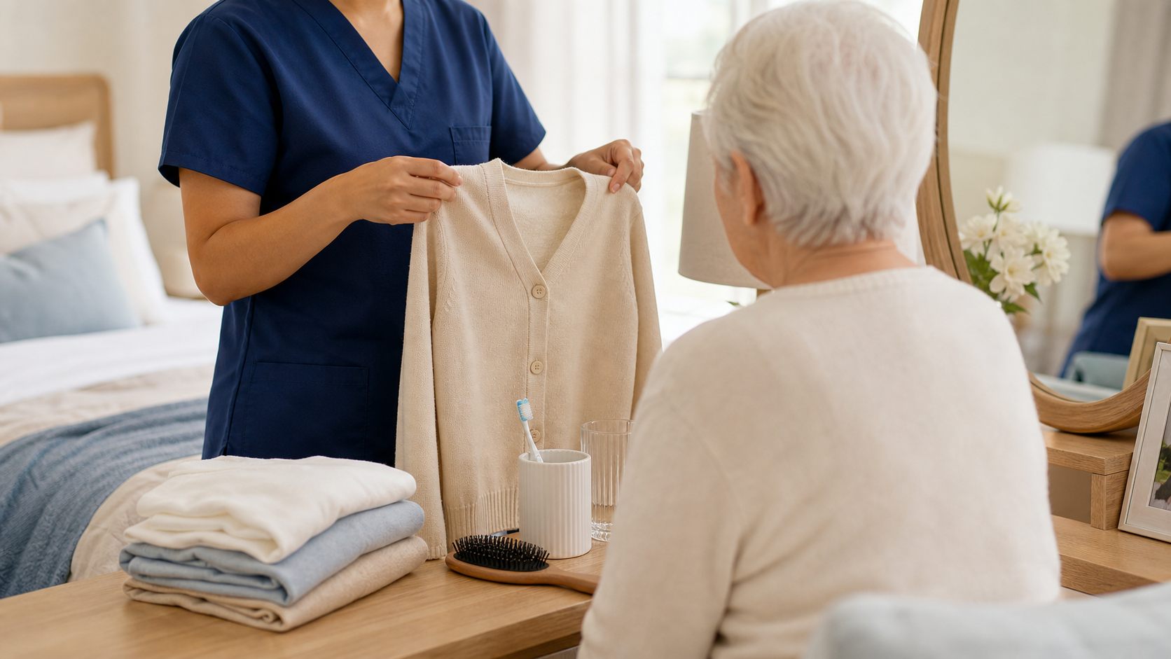 Dressing and grooming items arranged for a respectful morning routine