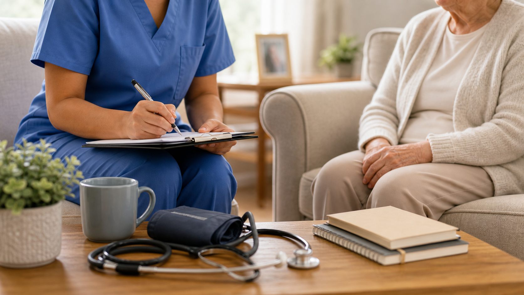 Caregiver documenting health observations during a home visit