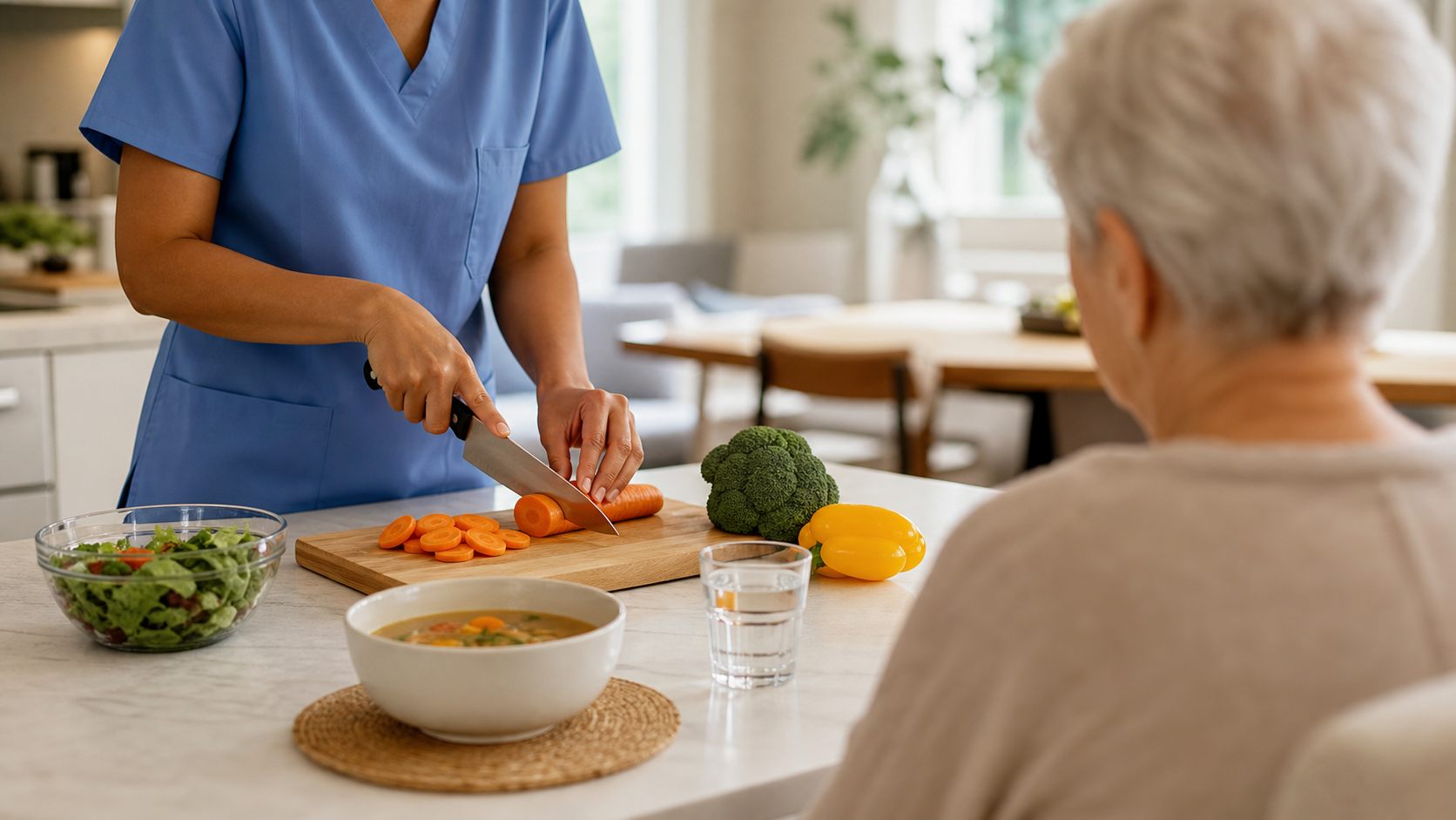 Caregiver preparing a healthy meal in a bright home kitchen