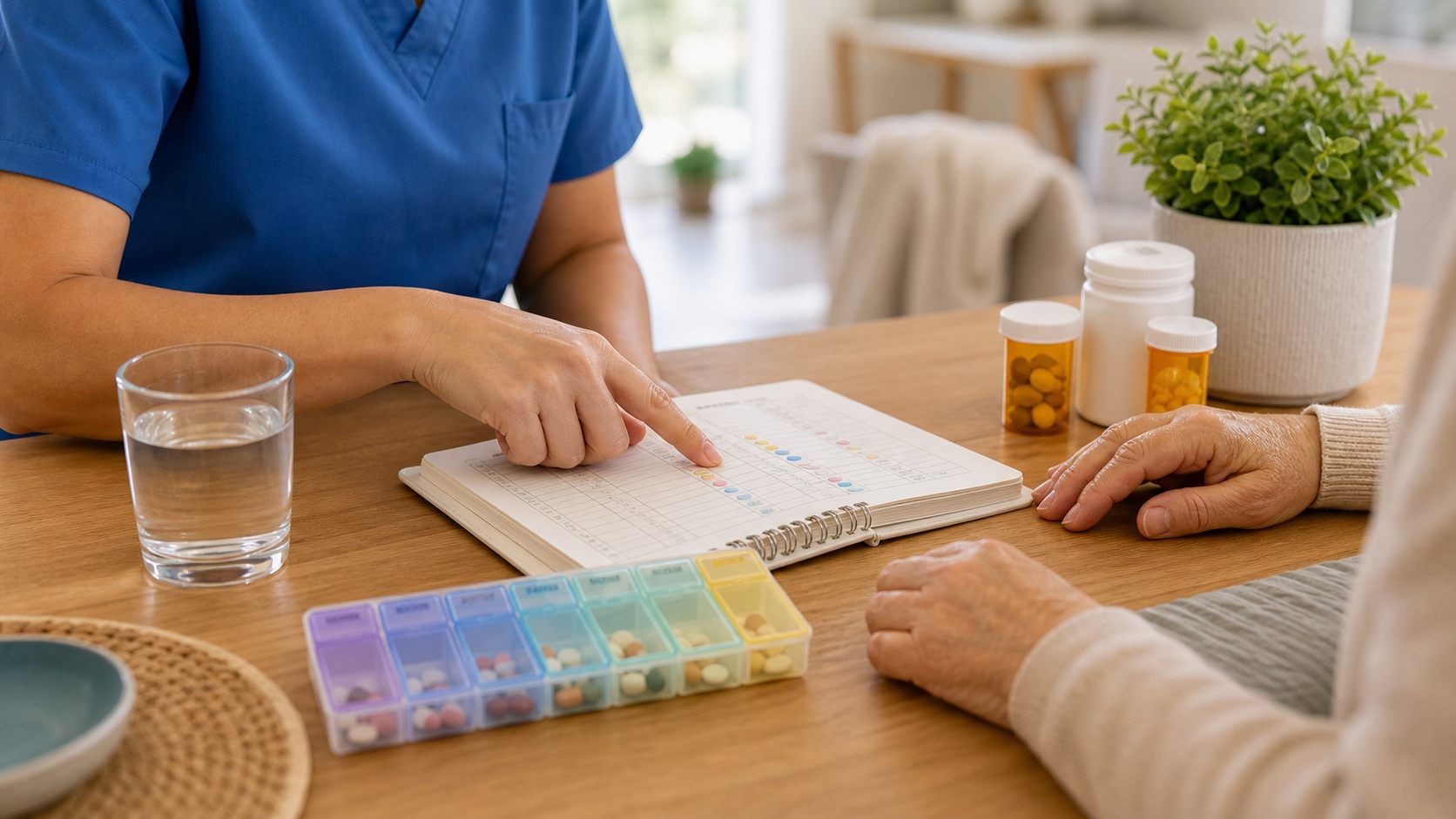 Medication routine and care documentation prepared at home