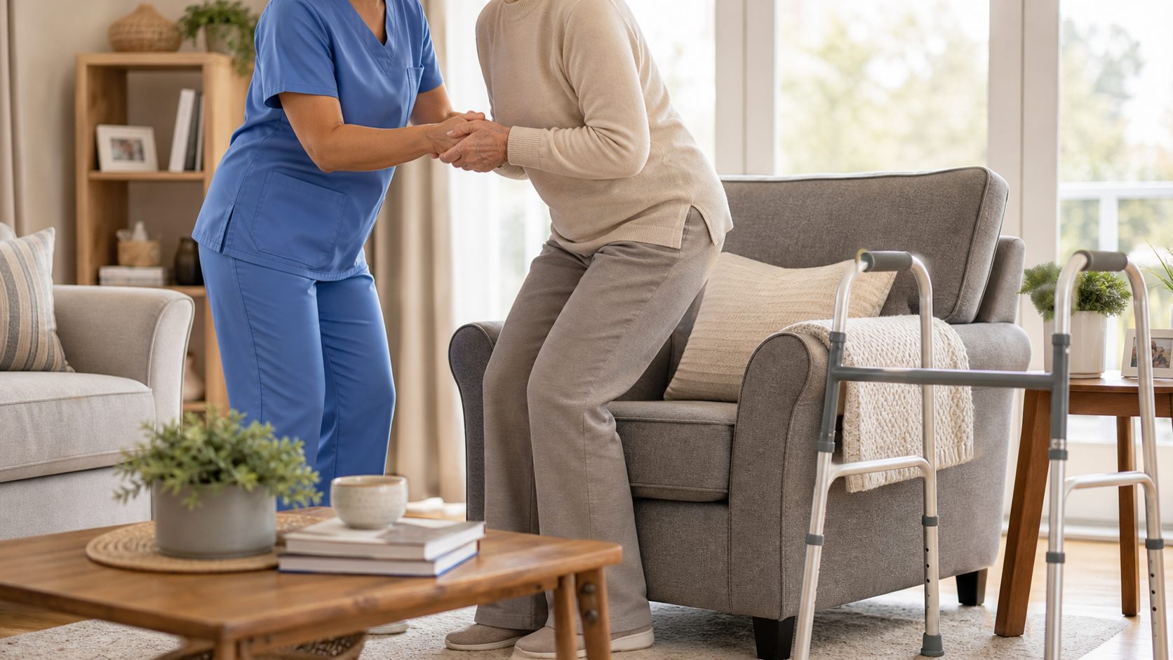 Caregiver helping with safe mobility support near a chair