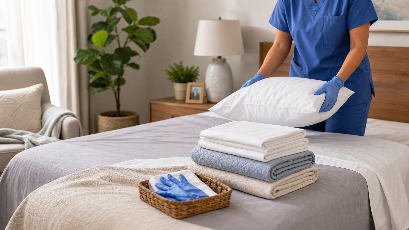 Fresh linens prepared for occupied bed changing support
