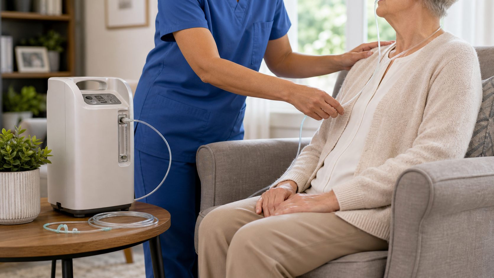 Oxygen care equipment checked in a calm home setting